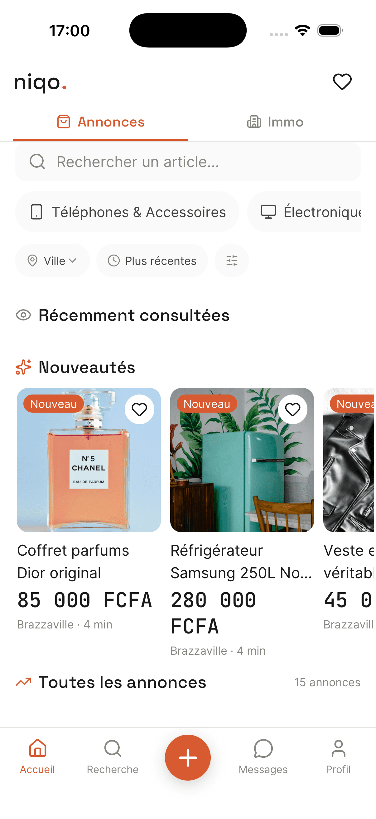 Écran d'accueil de l'app Niqo — annonces près de Brazzaville