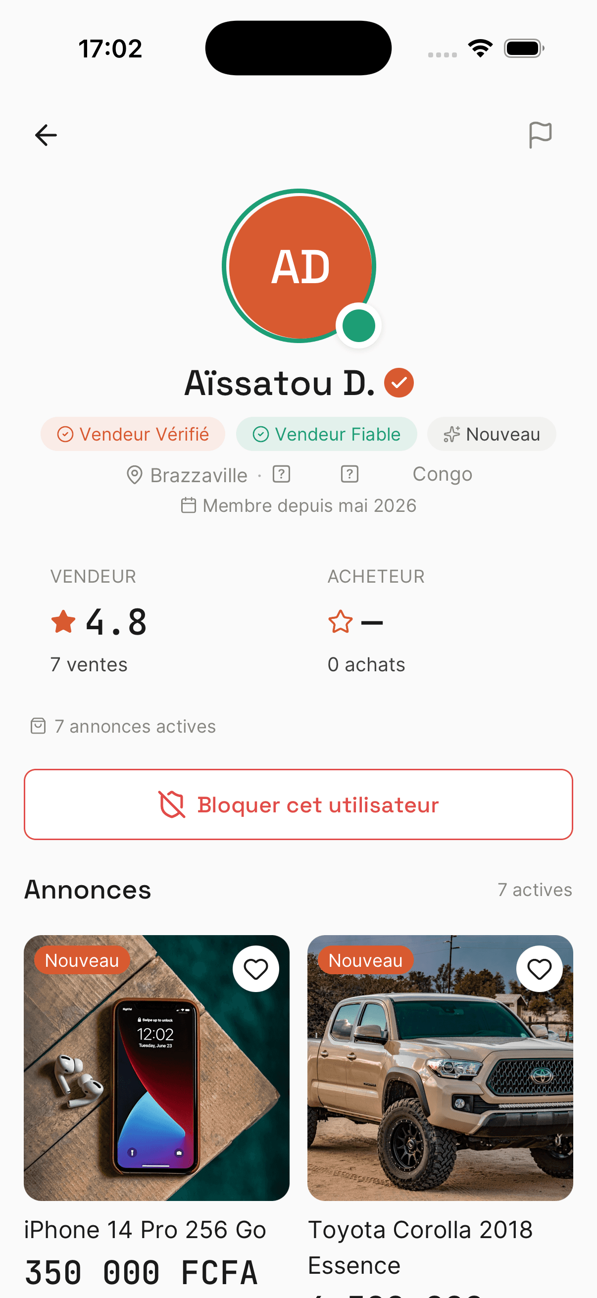 Profil vendeur vérifié sur Niqo